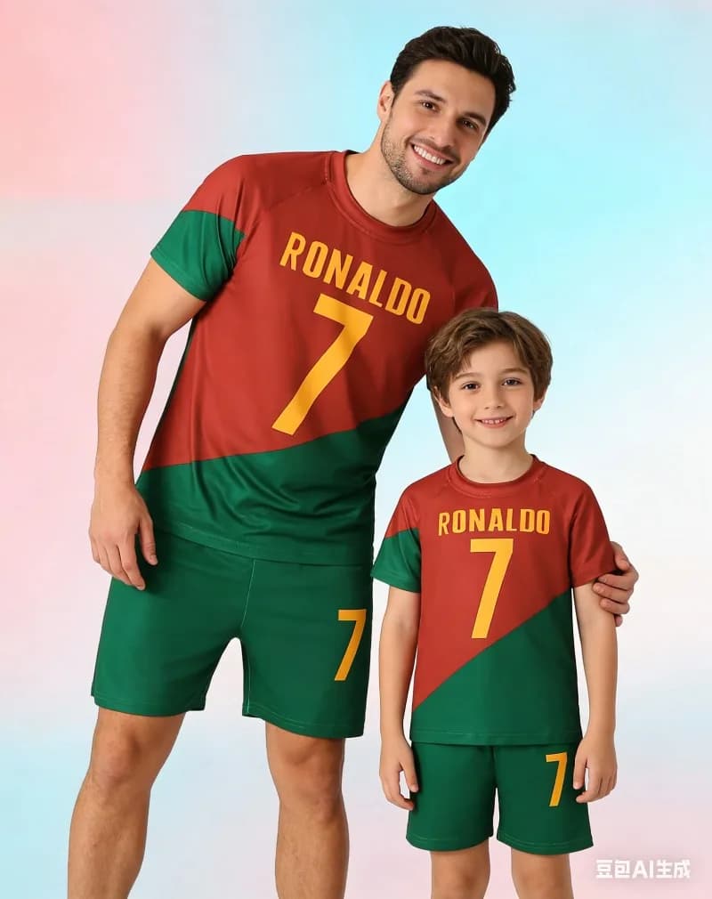 Sporty Complete Summer for Adults and Boys, Design AI Padre and Son, Color Red and Green, Style Ronaldo, Breathable, Sleeves Court and Shorts