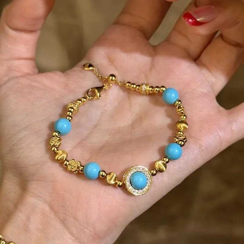 Women's turquoise bracelets Creative luxury retro blue bracelets with round beads shaped cat's eye fashion jewelry