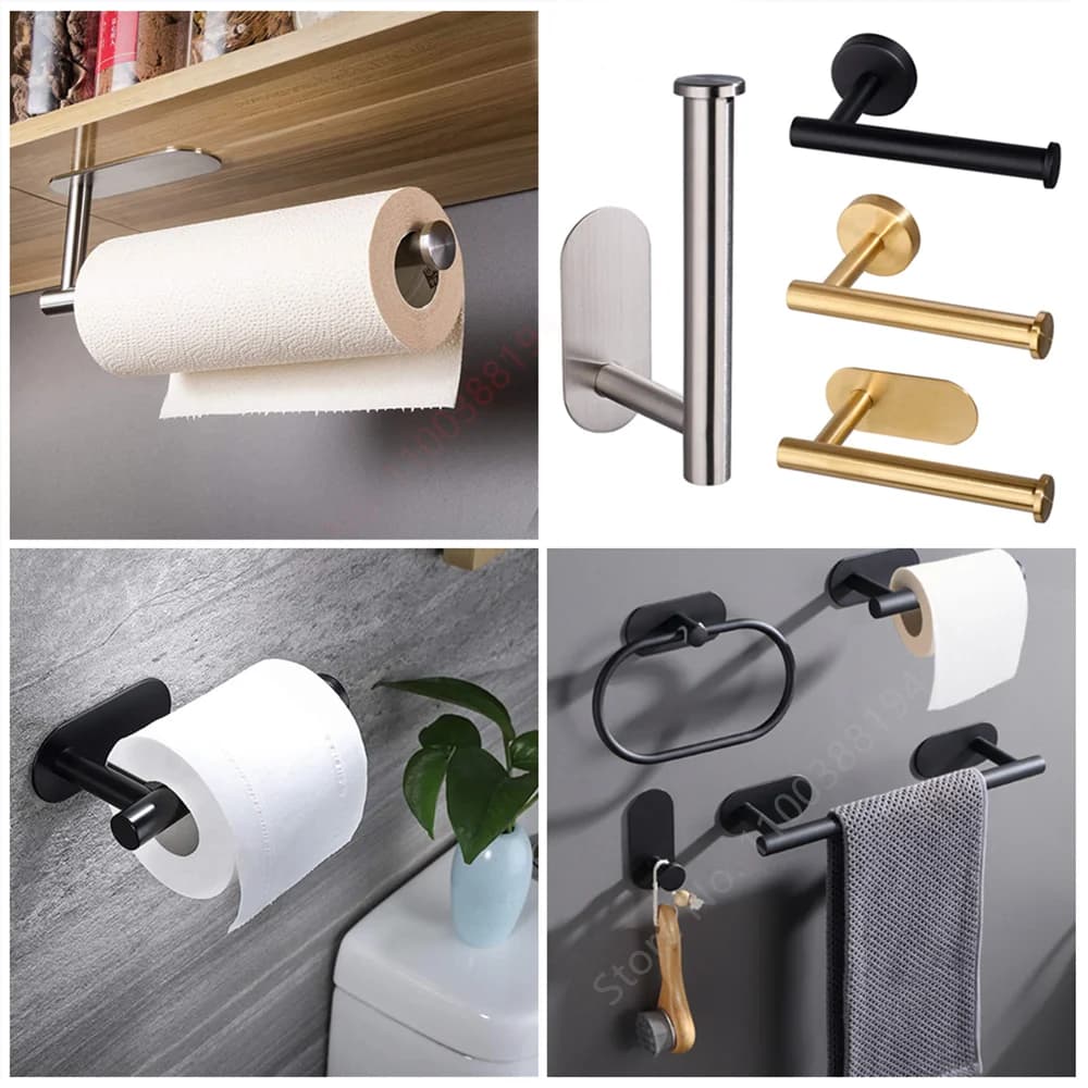Portasciugamani in rotolo di carta da appendere supporto per wc da bagno organizzatore da cucina portatovaglioli supporto da parete adesivo in acciaio inossidabile Accessori per WC Supporto in argento 304 Armadio Frigo
