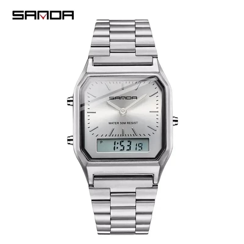 SANDA P747 Luxury Men's Watch Style Stainless Steel Women's Watch Digital LED With Double Display Unisex Watch Waterproof Sports Quartz