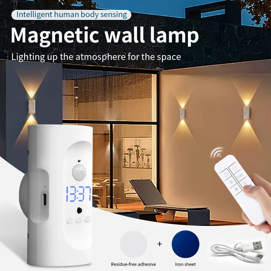 Luce notturna a LED ricaricabile con sensore di movimento Orologio digitale Proiettore con telecomando Lampada da parete Attrazione magnetica dimmerabile