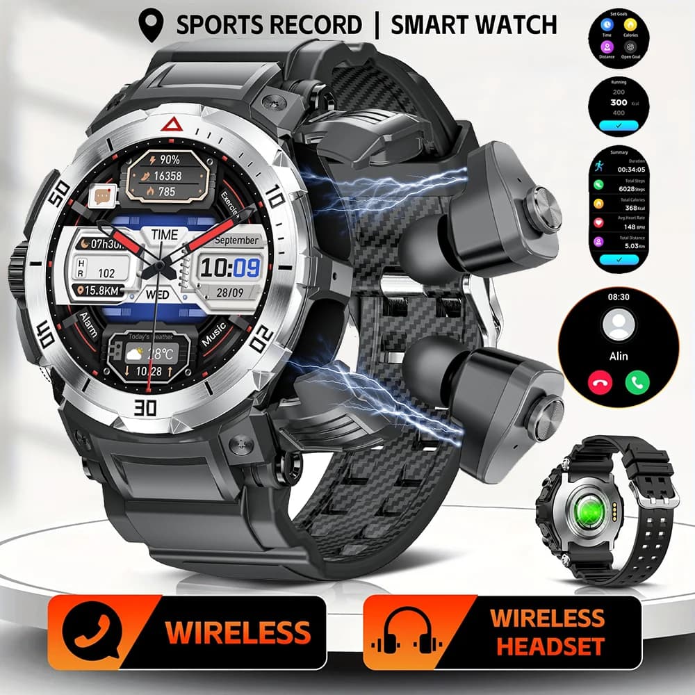 2025 Nuovo NFC Auricolare Smart Watch 2 in 1 TWS Cuffie Bluetooth Auricolari Chiamata musicale Monitoraggio della salute degli uomini Orologio sportivo impermeabile