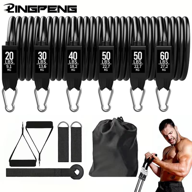 Set of resistance bands, exercise bands with anchoring for door, handles, carrying bag, ankle straps for legs for endurance training