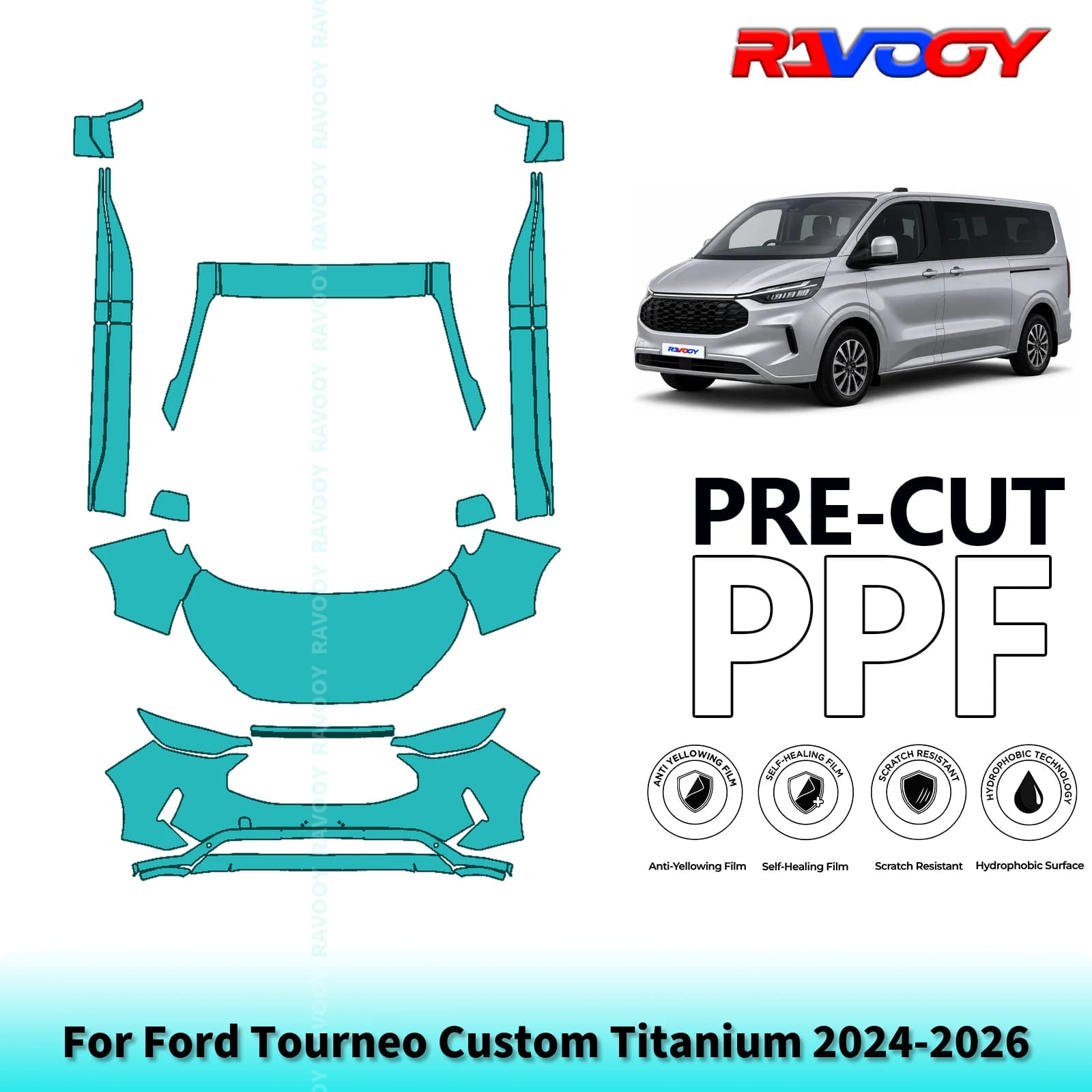 For Ford Tourneo Custom Titanium 2024-2026 Full Front+Rockers Pre-Cut Paint Protection Film PPF Stone Chip Kit Clear/Matte/Black