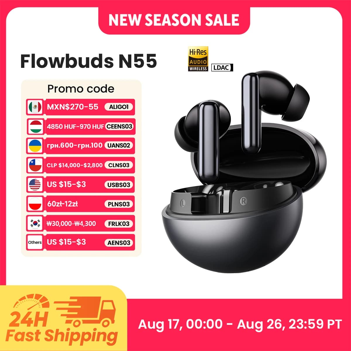 Auricolari Wireless HAYLOU Flowbuds N55 con ANC Adattivo 54dB, Bluetooth 6.0, Audio Hi-Res LDAC, Chiamate HD con 6 Microfoni, 40 Ore di Riproduzione, IPX5