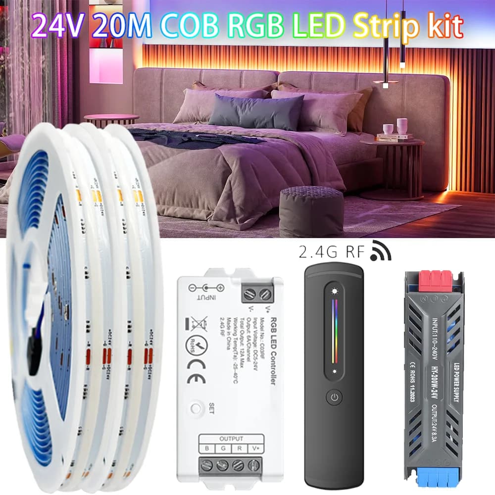 Striscia LED COB 24V 10M RGB ad Alta Luminosità Senza Punti, Nastro Flessibile per Decorazione Casa con Telecomando Dimmerabile 2.4GHz