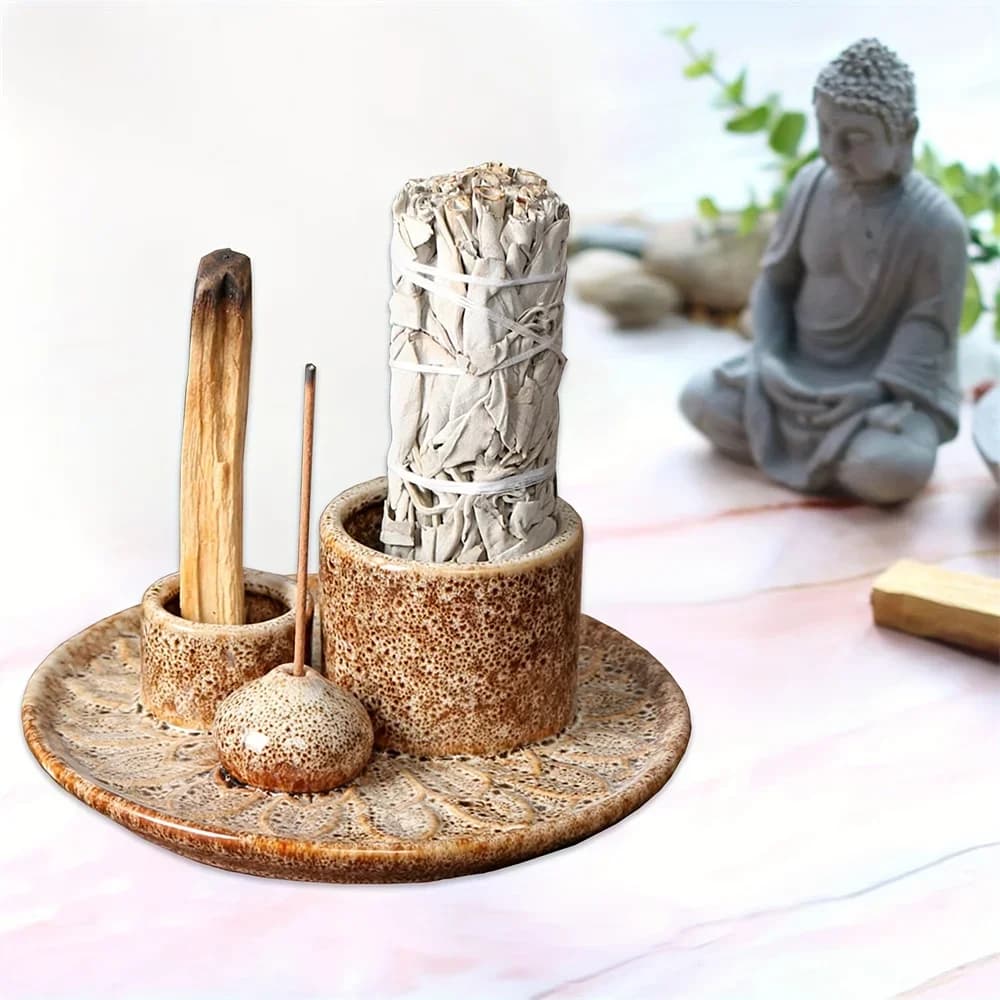 Portacandele in ceramica 4 in 1 Porta bruciatore Porta salvia Porta incenso bruciante Bastoni Bruciatore per aromaterapia per meditazione Yoga