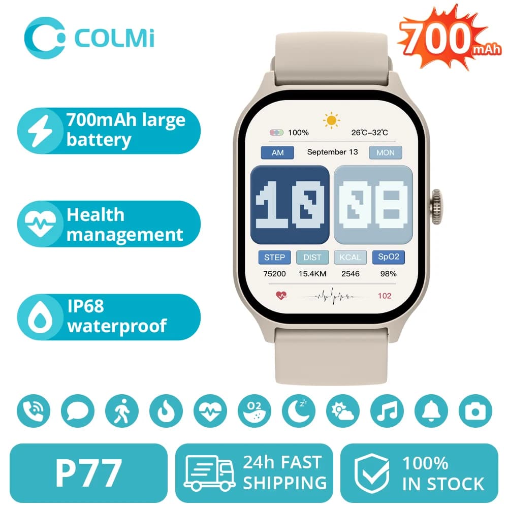 COLMI P77 Smartwatch, durata della batteria fino a 11 giorni, batteria massiccia da 700 mAh, display da 2 pollici, smartwatch per la gestione della salute