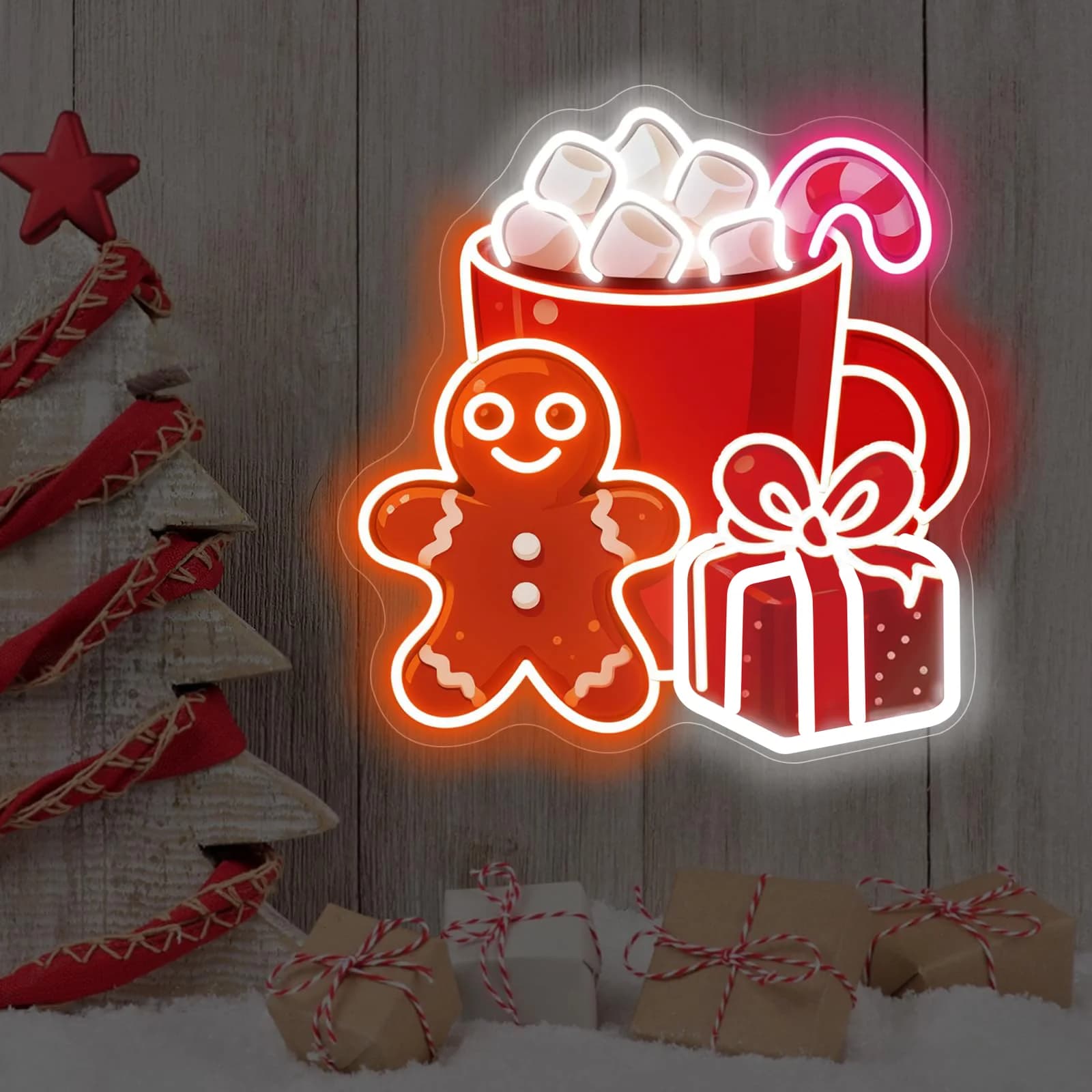 Insegna al neon con tazza di omino di pan di zenzero di Natale, decorazione per albero di Natale, decorazione da parete per ornamenti natalizi, negozio, camera da letto, festa in casa