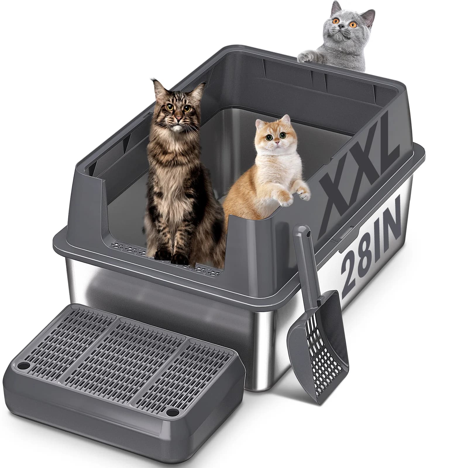 Lettiera per gatti extra large in acciaio inossidabile XXL con coperchio, 26" L x 18" L x 12" H Lettiera in metallo con lati alti per gatti grandi