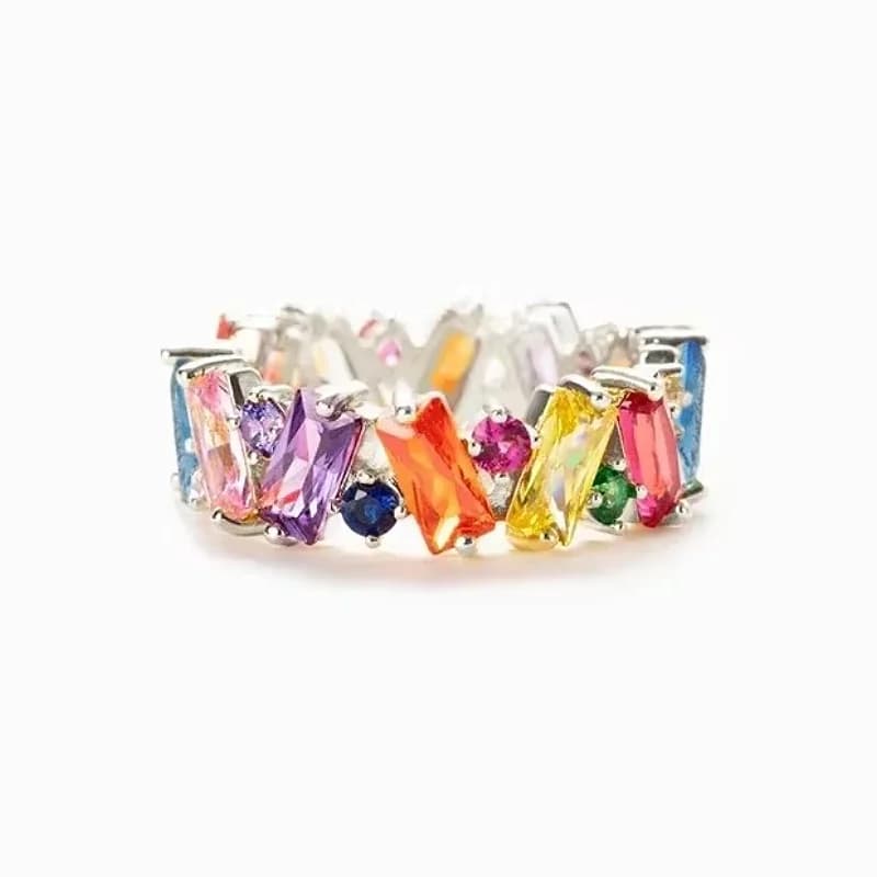 Huitan Irregualr Design Colorful CZ Women Rings Gold Color/Silver Color Geometric CZ Rainbow Rings Luxury Trendy Jewelry