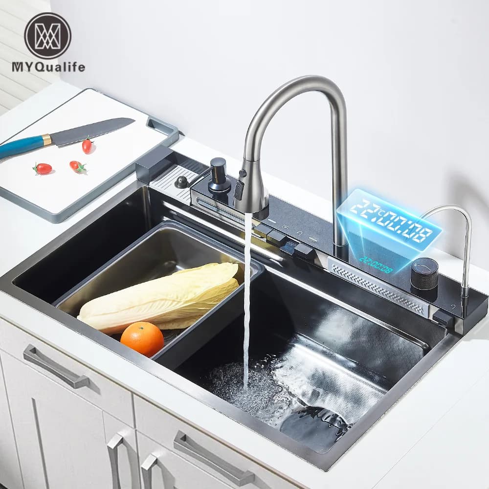 Lavello da cucina a cascata in acciaio inossidabile 304 Set di rubinetti con display digitale integrato a fessura singola grande Dispenser di sapone 75 * 45 cm