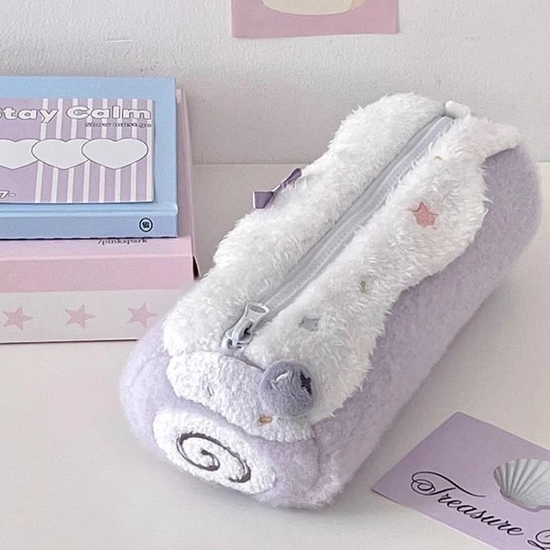 Simpatica borsa per cosmetici a forma di torta, astuccio in peluche Swiss Roll, organizer per cancelleria di grande capacità Kawaii per ragazze della scuola