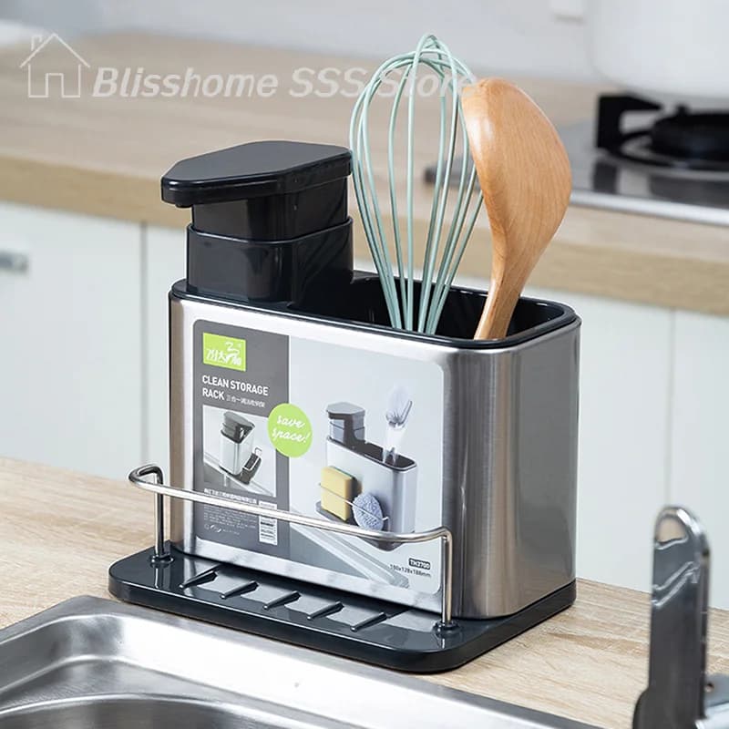 【S】Dispenser di sapone 3 in 1 per stoviglie da cucina in acciaio inossidabile, porta spugna, organizer per lavello, adatto per la cucina