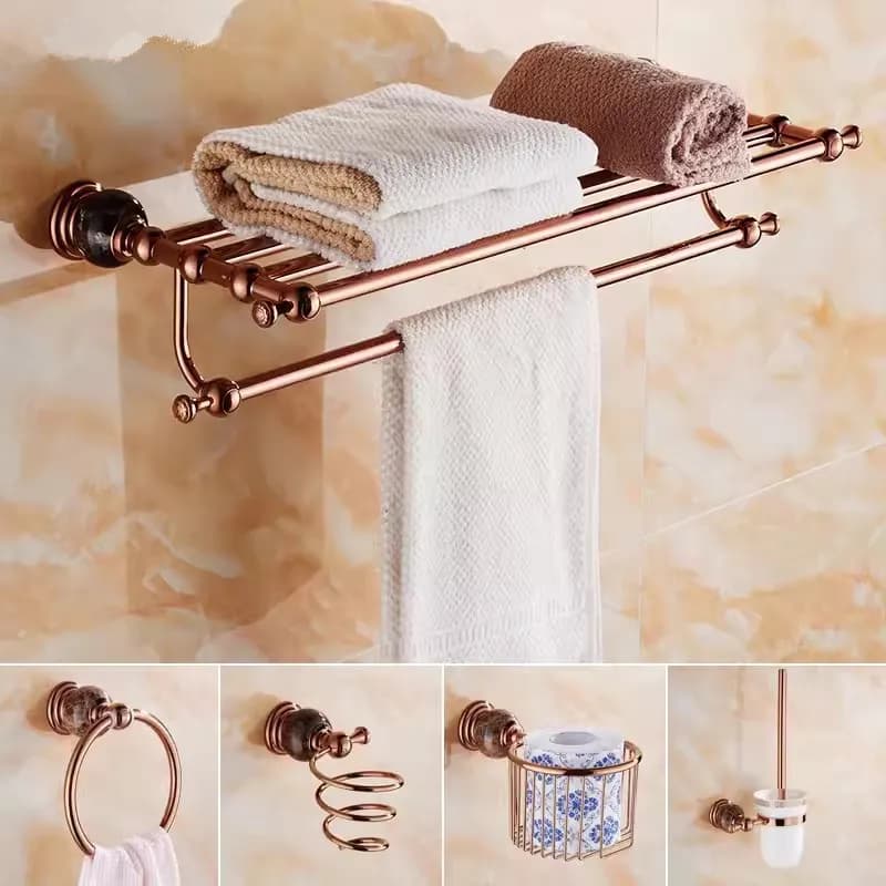 Accessori per il bagno mensola da bagno porta carta in oro rosa, portasciugamani, portasapone, portasciugamani, ripiano in vetro, gancio Hardware per il bagno in ottone
