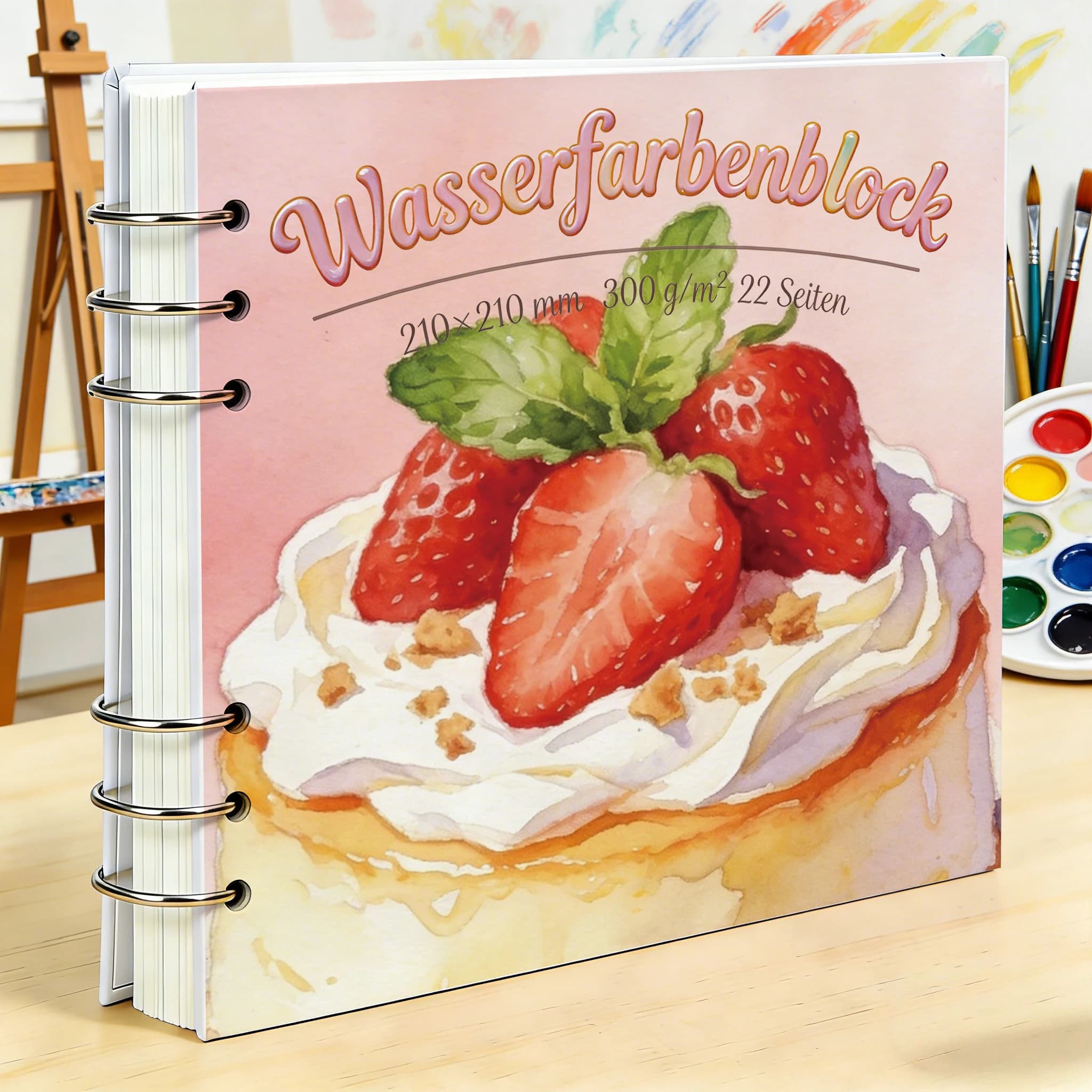 Premium Watercolor Sketchbook, 210x210mm, 300GSM Rough Paper, 22 Sheets, 3-Ring Binder, Strawberry Cream Cake Cover, Art Pad for