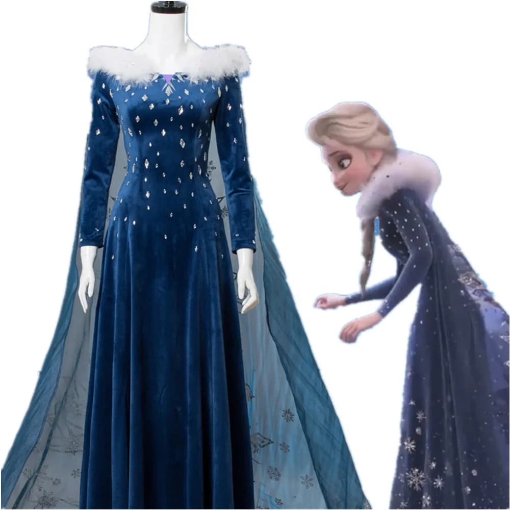 Elsa cosplay dress, long skirt in deep blue velvet, plush collar, coat with snowflakes embroidery, party costume for exhibitions
