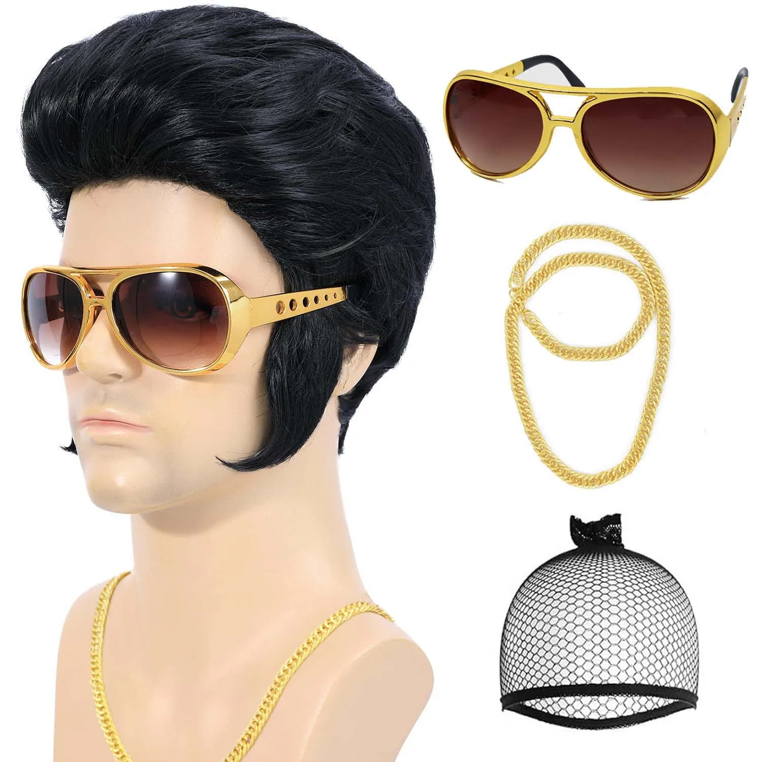 4 Piece Synthetic Wig Set 50's Rock with sunglasses and necklace for men Cosplay Wig Elvis Costume Wig Rocker for Party