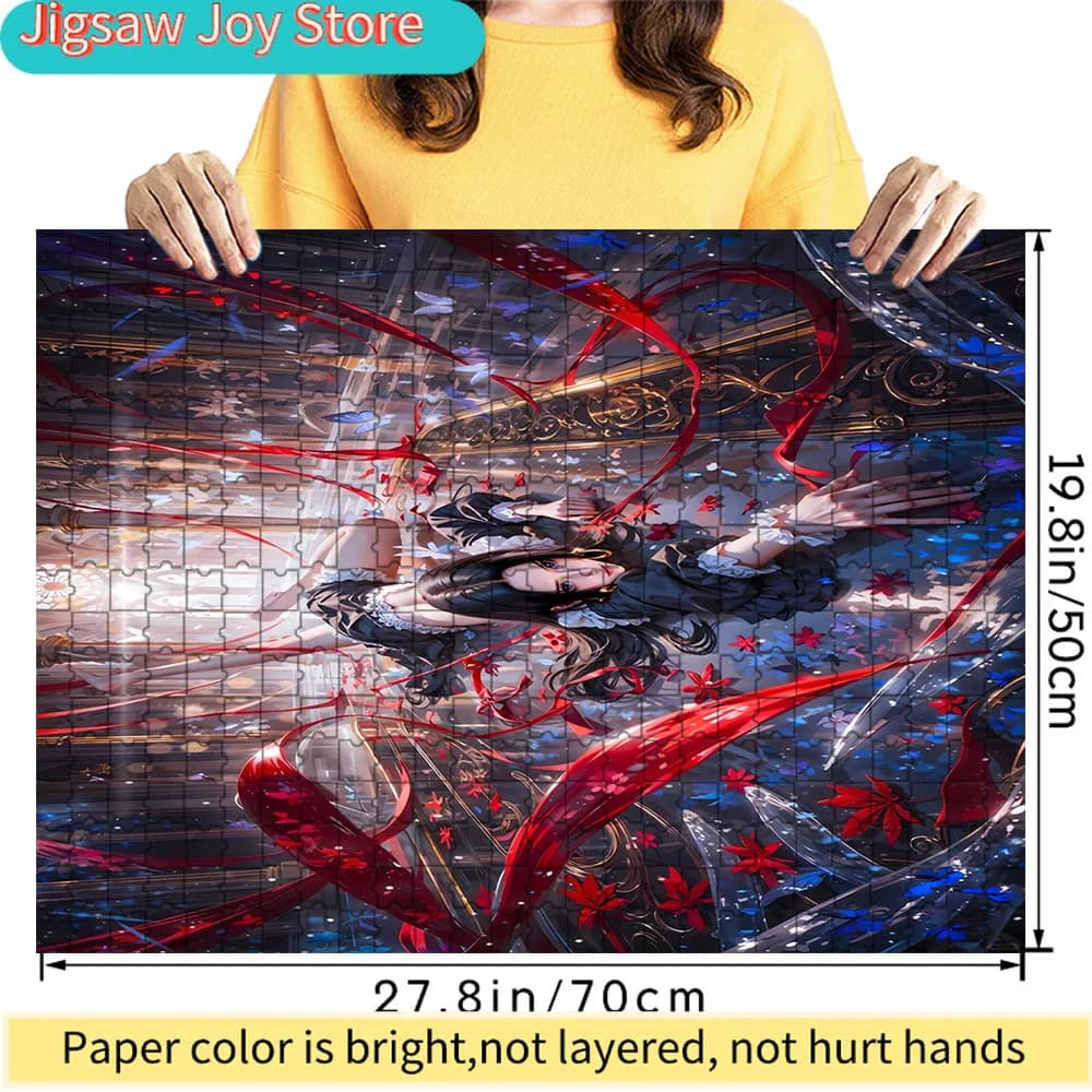 Puzzle in Carta con Ragazza Anime Fantasy, Nastro Rosso e Foglia d'Acero, Elegante Scena Gotica di Palazzo, Creativo Antistress