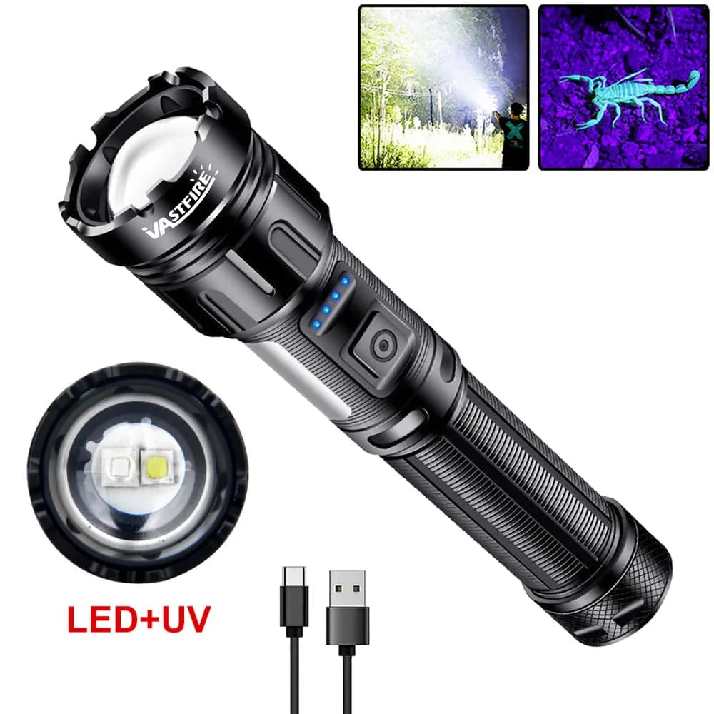 Torcia potente a LED/UV di tipo C, torcia tattica a LED super luminosa ricaricabile con zoom, senza/con batteria, lampada da campeggio