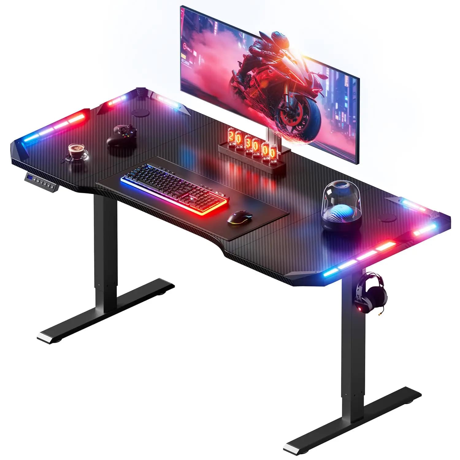 Scrivania da Gaming Elettrica Regolabile in Altezza 63 Pollici con Luci LED, Gancio per Cuffie, in Fibra di Carbonio, per Casa e Camera da Letto, Personalizzabile