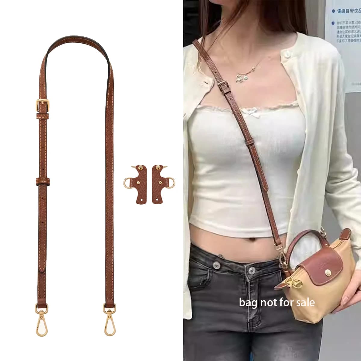 For LONGCHAMP Mocha Terra Mini cowhide leather shoulder strap adjustable punching accessories for changing the bag with free buckle