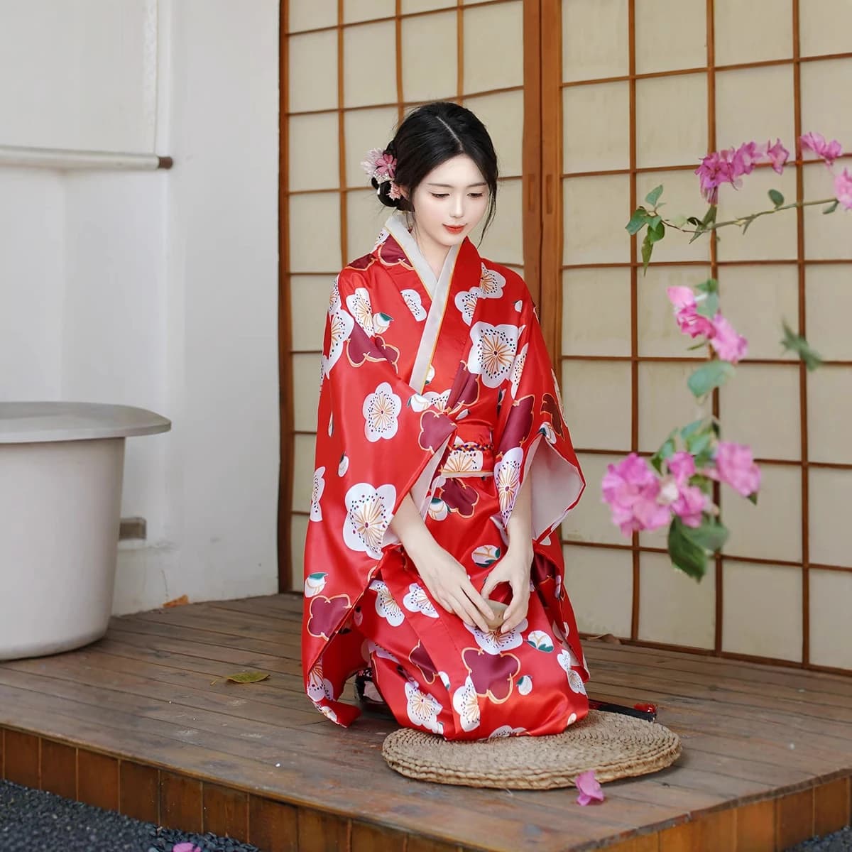 Traditional vintage Kimono with Obi Yukata Japanese Geisha Kimono Robe Women's Evening Dress New in Cosplay Costume Bathrobe