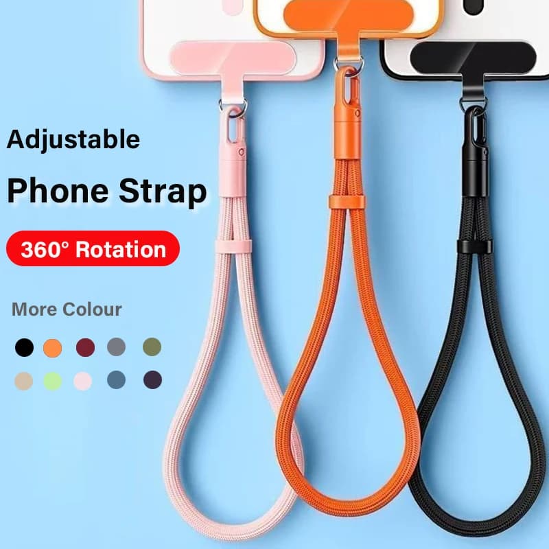 Universal adjustable phone frame, self-locking non-slip strap, durable polyester safety cord for smartphone safety