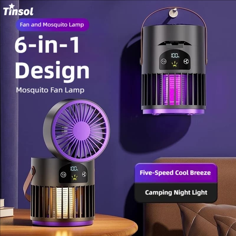 Lampada Antizanzare 6-in-1 TINSOL: Ventilatore, Luce Notturna, Trappola Elettrica per Zanzare da Esterno e Attrattore per Zanzare