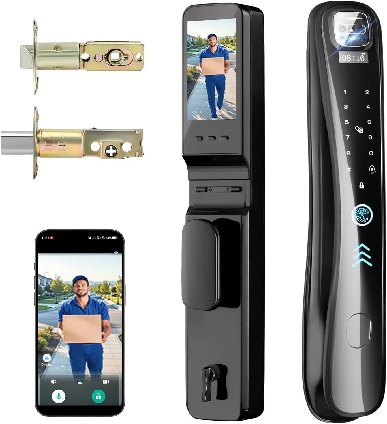 Serratura Intelligente per Porta con Ingresso Senza Chiave, Impronta Digitale, Tastierino, Videocitofono Wi-Fi, Controllo Vocale, Comunicazione Bidirezionale, Controllo Remoto
