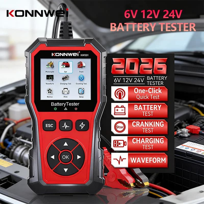 Tester per Batterie Auto KONNWEI KW331 2026, 6V-12V-24V, 100-2000 CCA, Analizzatore di Tensione e Forma d'Onda per Avviamento e Ricarica