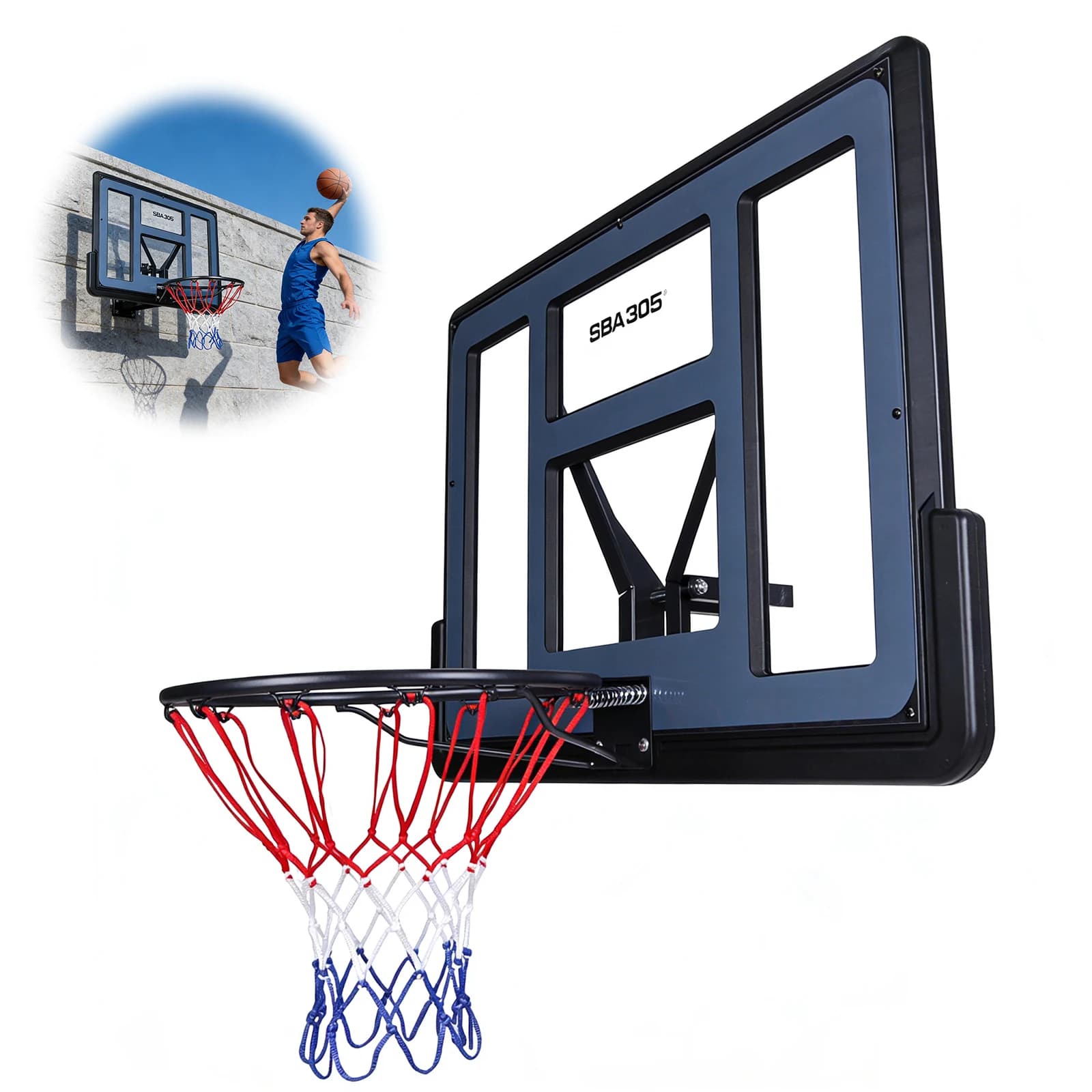 43.31x29.53in PET Backboard Basketball Goal Wall-Mount PET Board Rim Combo with All-Weather Net for Garage Indoor Outdoor Use