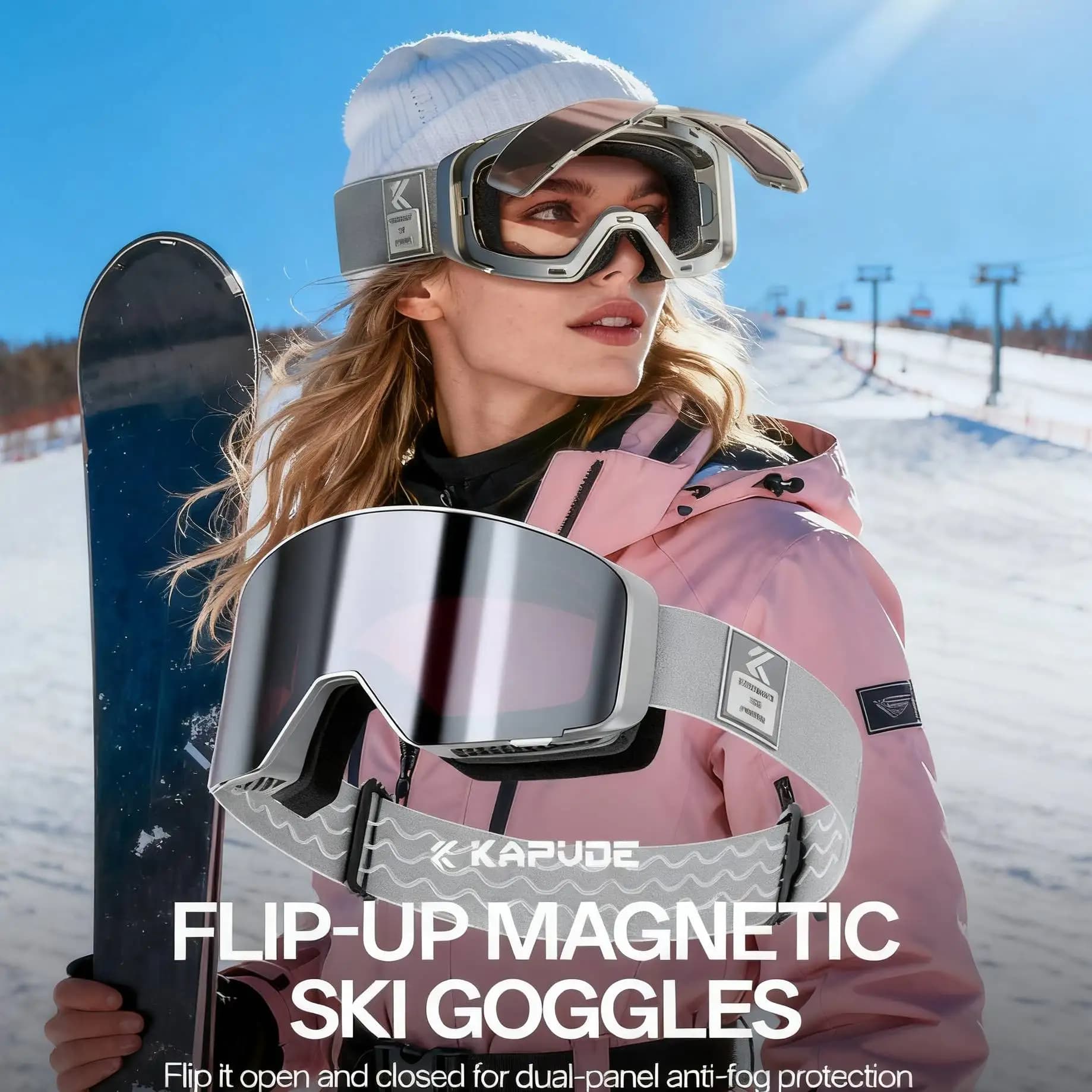 Kapvoe Uomo Motoslitta Anti-Fog Occhiali da snowboard Flip Over Occhiali da neve magnetici Sci fotocromatici Donna Attrezzatura da sci UV400