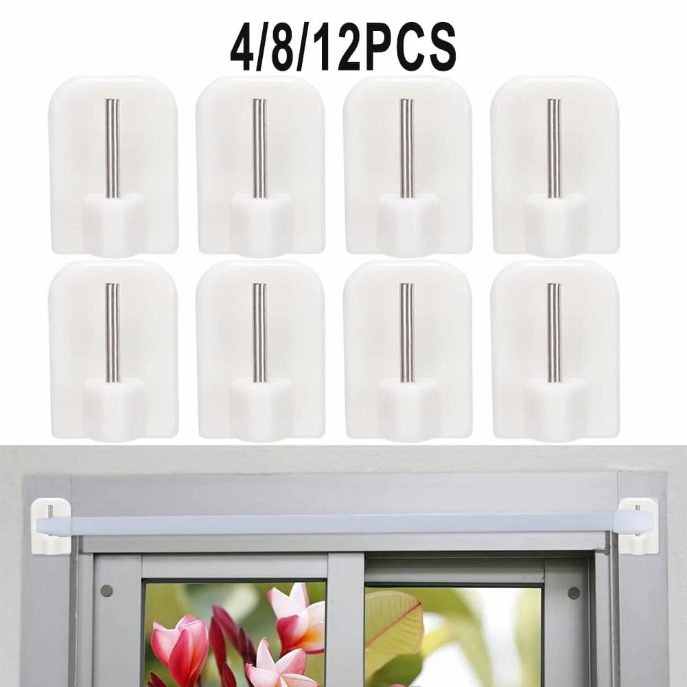 4/8/12PCS Tent Hooks Self Adhesive Hook Tent Rod Bracket White Hook for Storage Rack Kitchen and Window Bathroom Door Wall Hangers