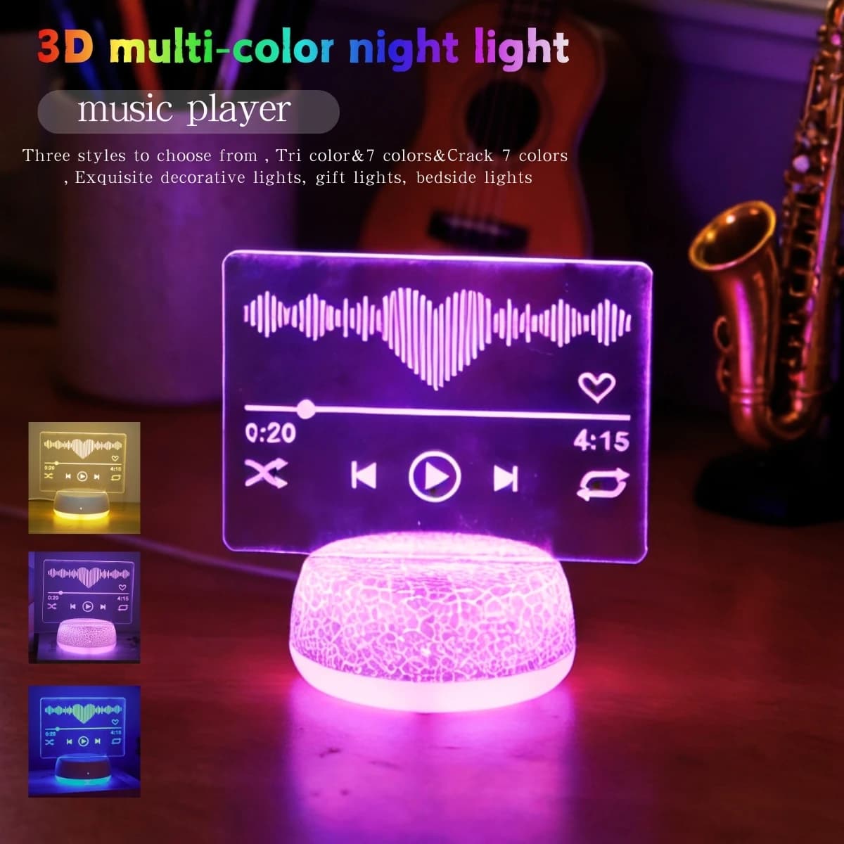 Lampada notturna 3D con lettore musicale, adatta per decorare sale musicali, camere da letto, sale studio, soggiorni, ecc., regali di compleanno
