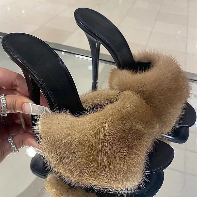 Women's high heels in mink fur, thin heels, new summer style, open toe slippers, sexy leather party sandals with fish mouth for woman