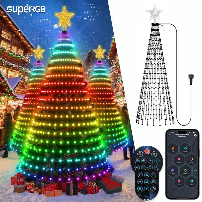 RGB smart Christmas tree lights with RGB ring APP control DIY text music synchronization 400 LED timing for interior and exterior Christmas decoration