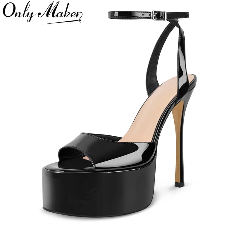 Onlymaker Black Patent Leather Platform Sandals with Women's Open Tip Sandals with stiletto heel and evening dress