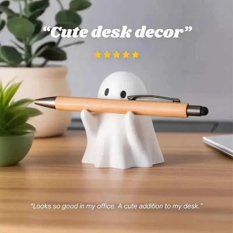 Simpatico portapenne fantasma di Halloween, design con statua di piccolo fantasma, supporto per matita per la decorazione del desktop dell'home office