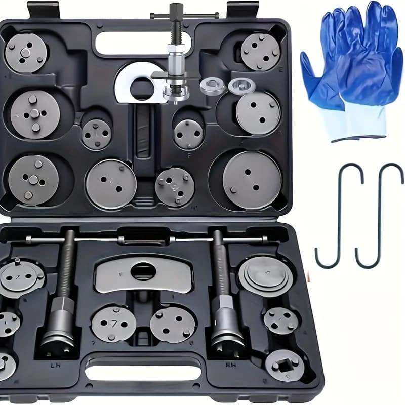 Brake clamp tool kit, set of 26 brake clamp compression tools with push bolts, fixing plates, brake clamp supports, 18 disc adapters, brake clamp tool, blue case, without battery