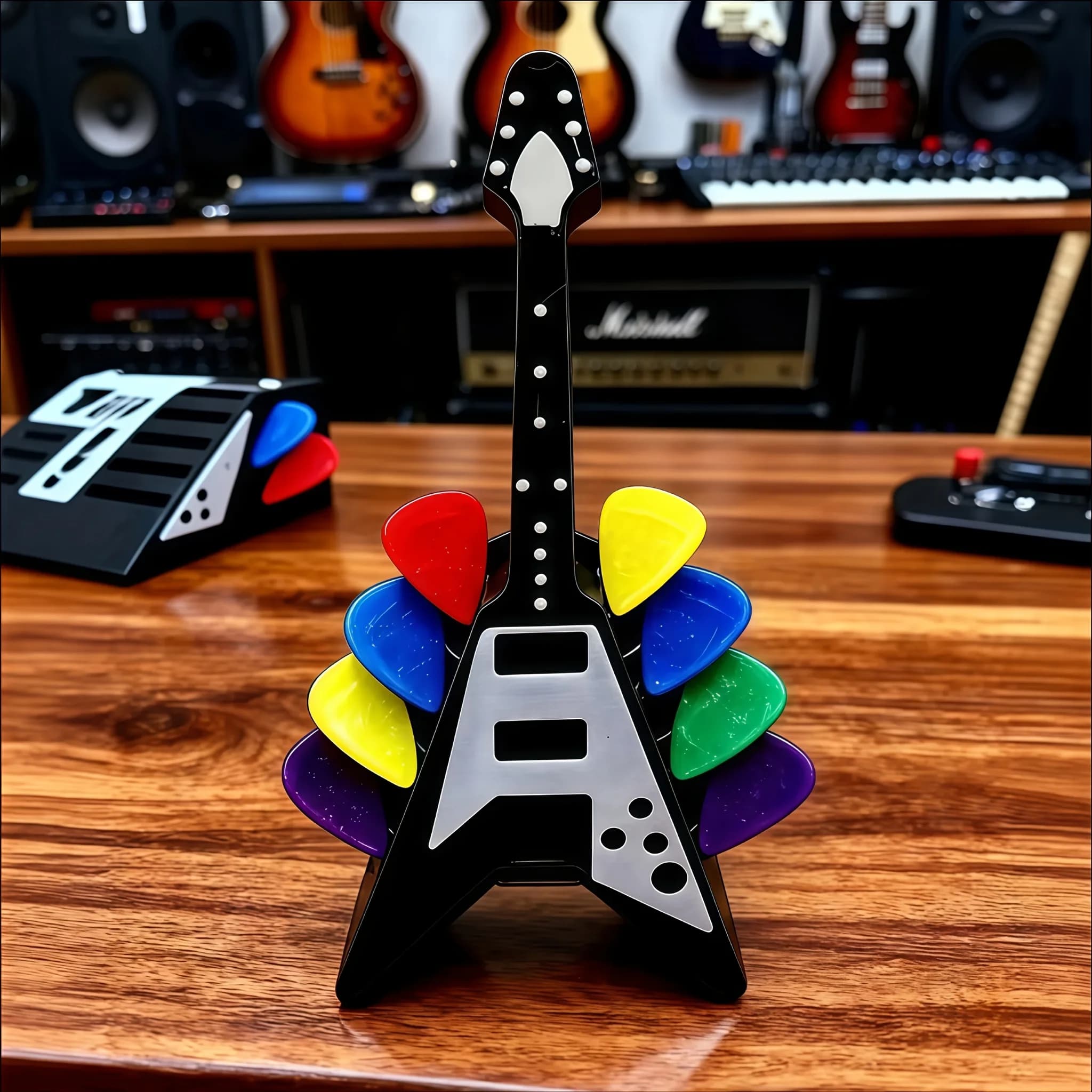 Portaplettro a Forma di Chitarra, Supporto in Plastica Robusto a 10 Scomparti per Conservazione Plettri, Organizzatore da Scrivania e Regalo per Appassionati di Chitarra