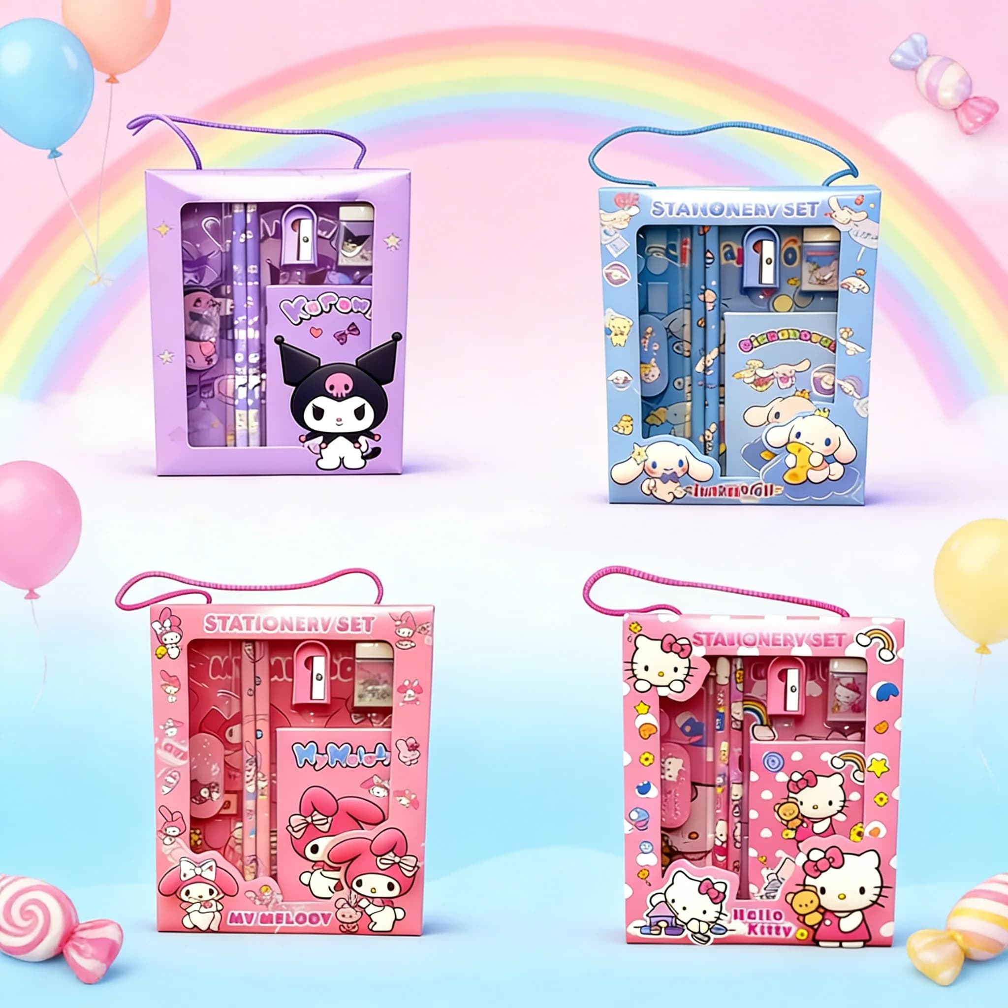 Set di Cancelleria Portatile Kawaii Kuromi Melody Hello Kitty, Cartone Animato con Matita, Righello, Quaderno, Regalo Educativo per Bambini, Souvenir di Compleanno