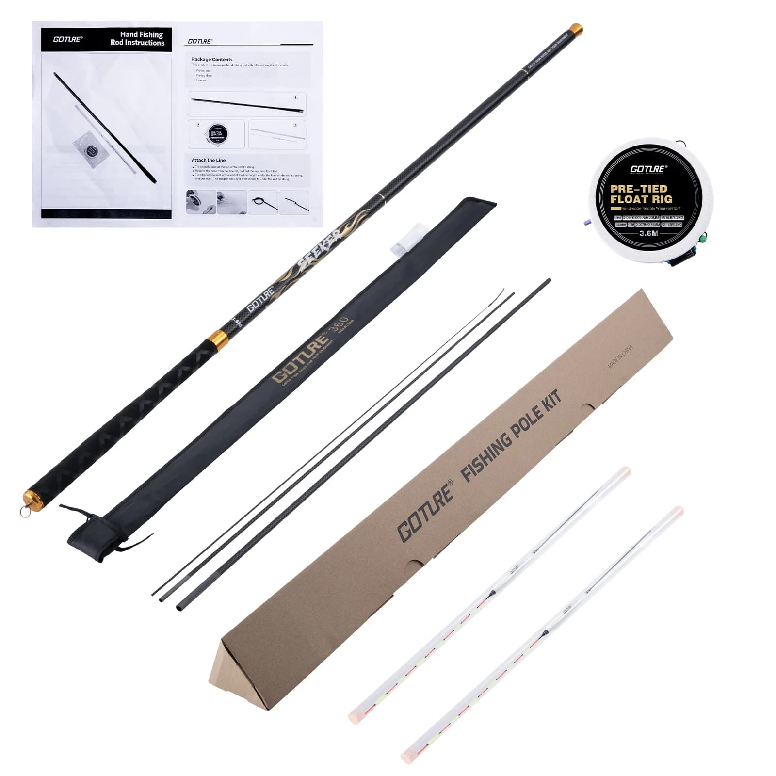 Canna telescopica da pesca in fibra di carbonio Goture 3,6 m 4,5 m 5,4 m 6,3 m 7,2 m con 3 punte superiori Canna da flusso per la pesca d'acqua dolce