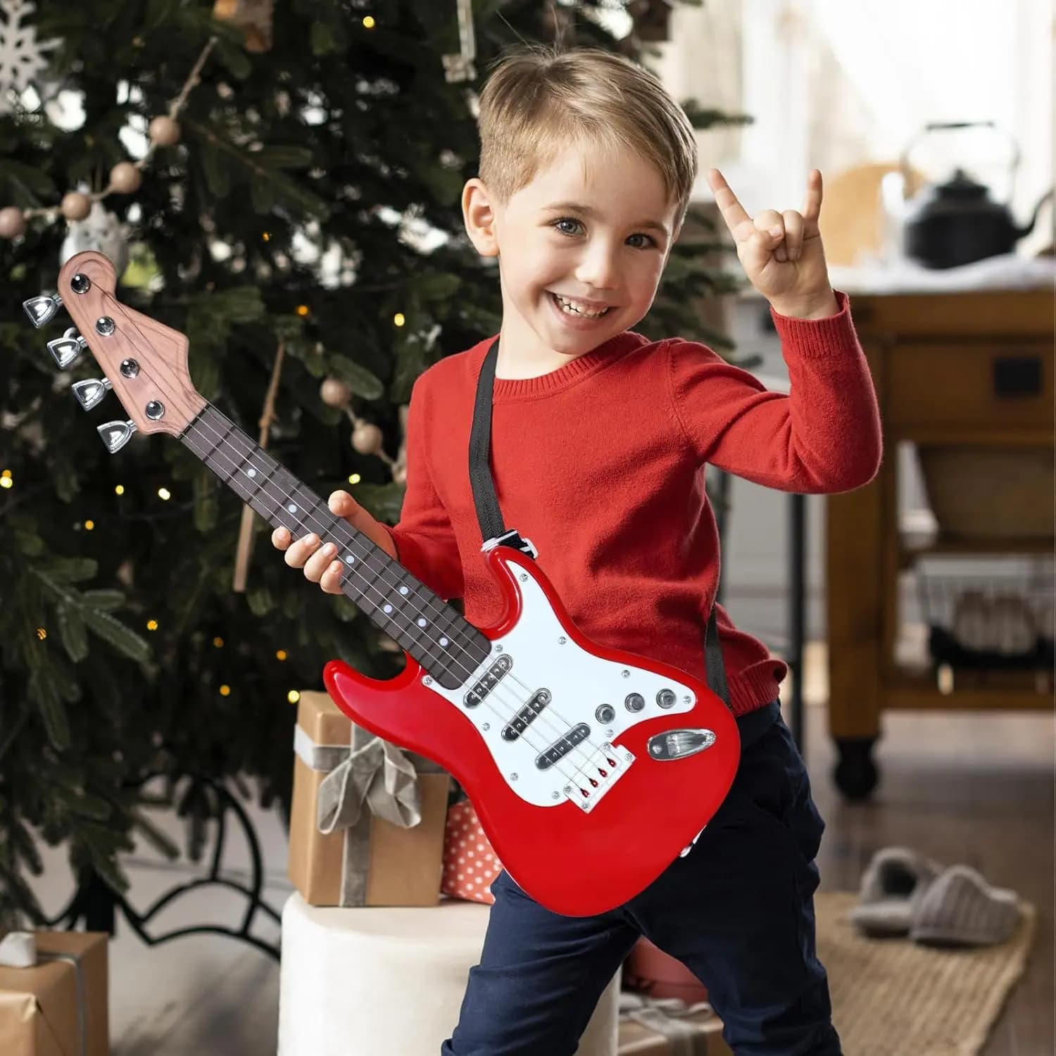 Giocattolo per chitarra elettrica per bambini - Strumento musicale elettronico multifunzionale a 4 corde, chitarra portatile per bambini