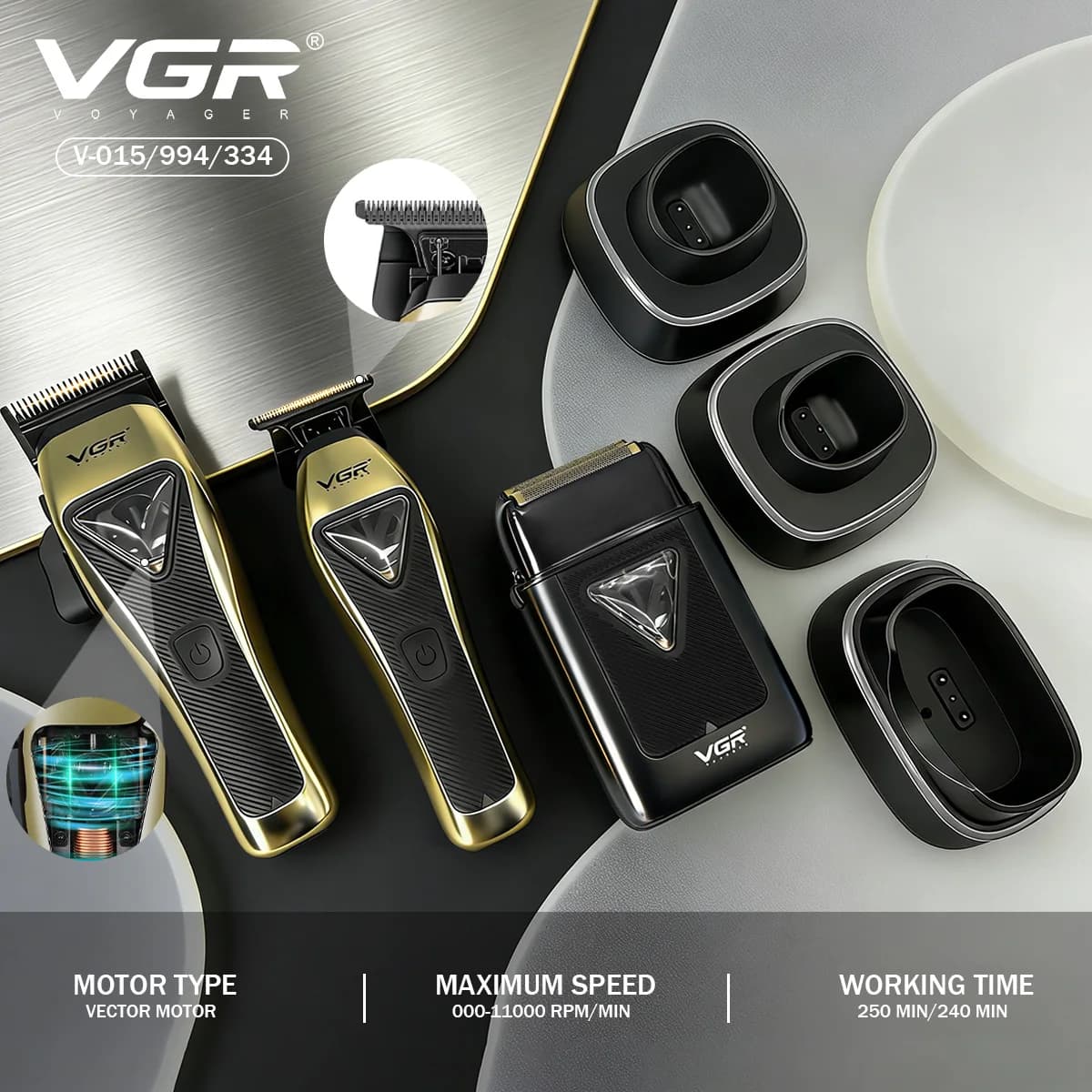 VGR Tagliacapelli Professionale Regolabarba Senza fili Tagliacapelli Motore Vcector Metallo Tagliacapelli per uomo V-334 V-015