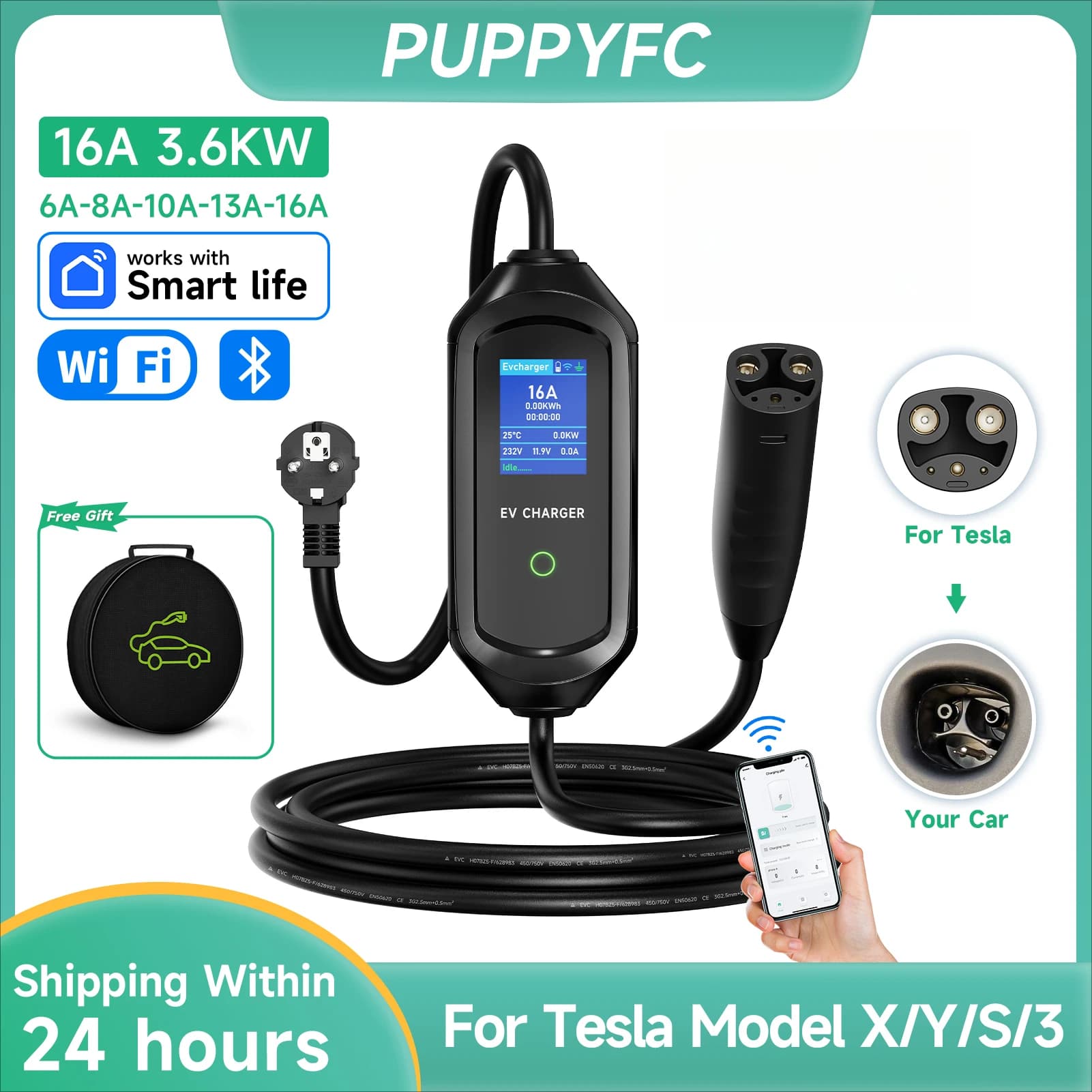 Caricatore EV Portatile Puppyfc 16A/32A per Tesla Model X/Y/S/3, Spina EU/US, Certificato CEE, Ricarica Rapida Domestica per Auto Elettriche