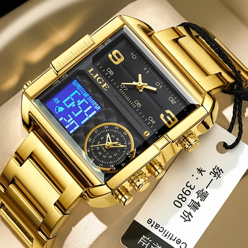 LIGE Top Brand Luxury Men's Watches Gold Steel Sport Digital Square Analog Big Quartz Watch for Men Relogio Masculino + SCATOLA