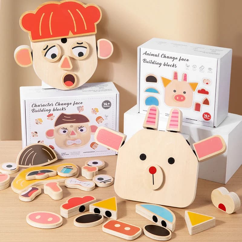 Personaggio che cambia volto Puzzle 3D Giocattolo Benefici Montessori Carattere intelligente Sfida di blocchi che cambiano volto in legno per animali