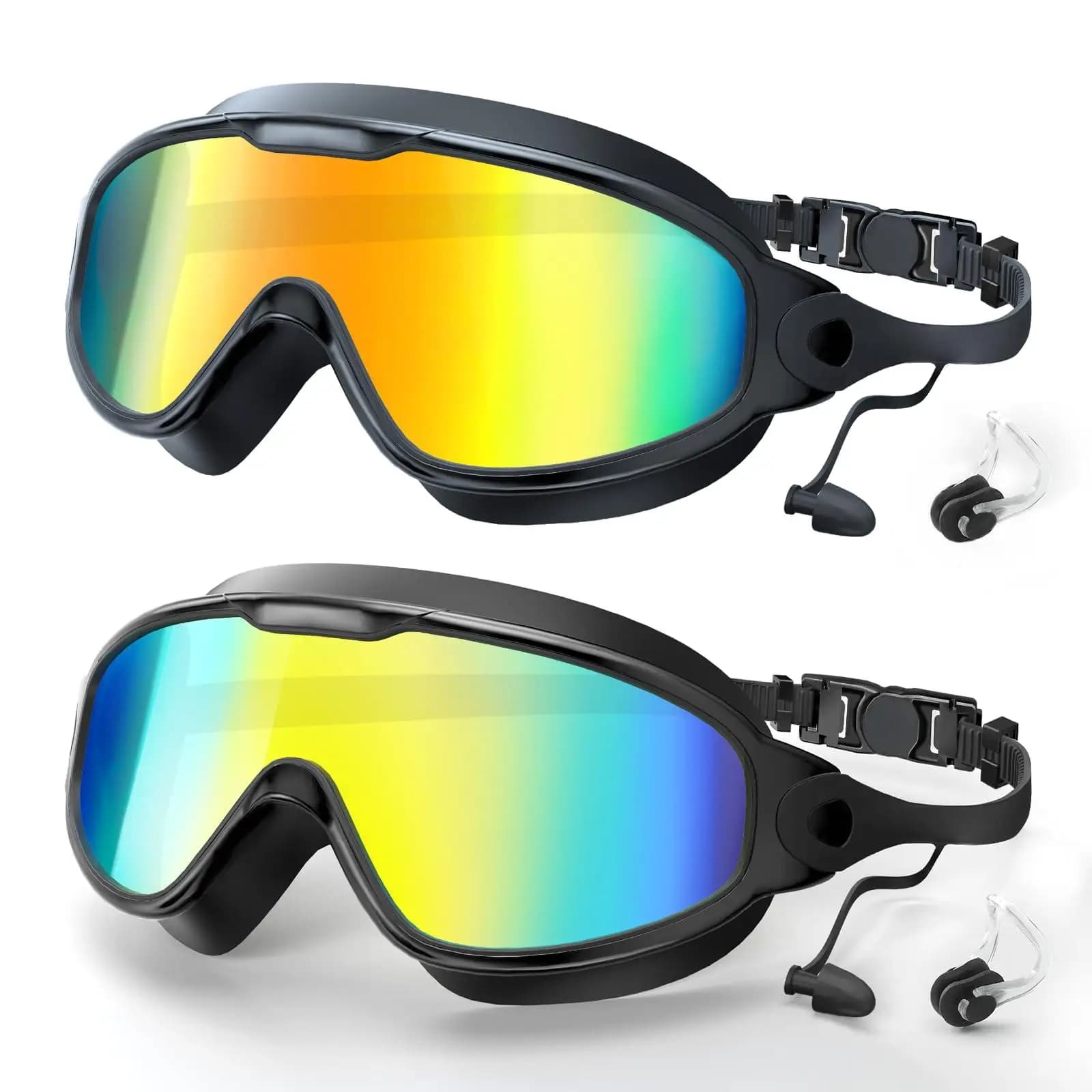 2 Pairs Adult Swimming Goggles, Wide Angle View Anti-Fog Swim Goggles, UV Shield Full Coverage Goggles with Integrated Earplugs & Nose Clips for Outdoor Sports