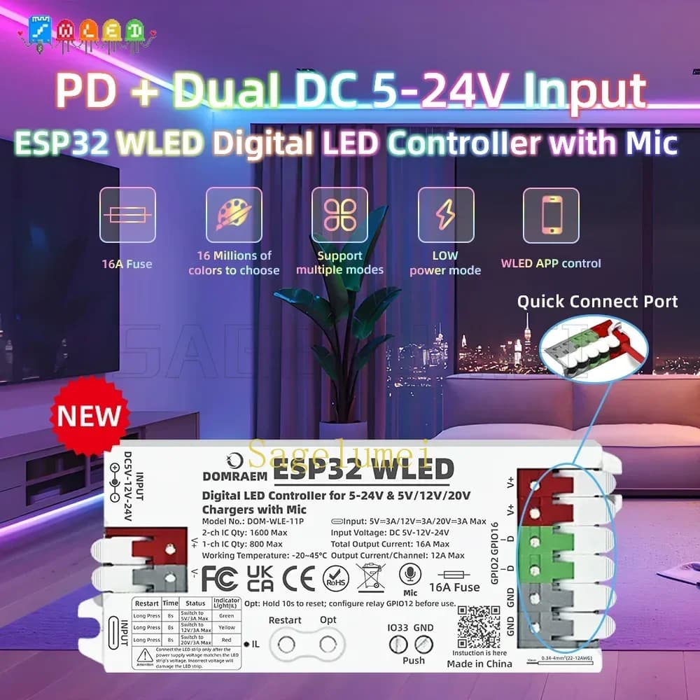 DOMRAEM ESP32 WLED Controller - Dual PSU (PD & 5-24V DC), 16A Fuse. Supports WS2812B WS2805 SK6812 APA102 digital LED strips etc